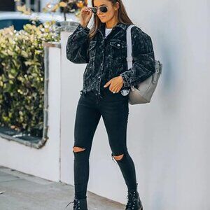 Womens Cropped Corduroy Jacket Casual Button Down Shacket Coat Fringe with Fraye